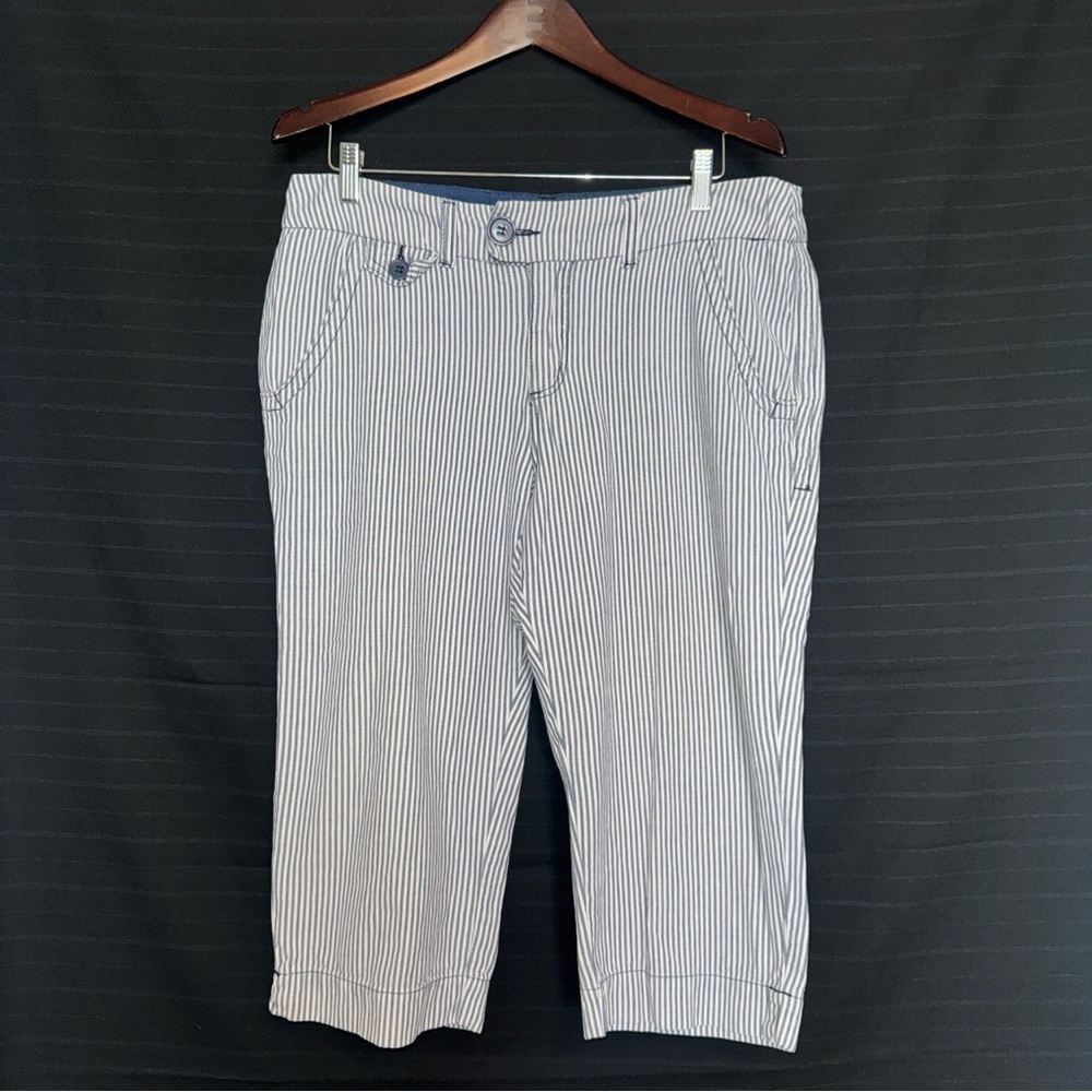 Blue Epic Blue and White Stripe Seersucker Cropped Capri Clamdigger Pants 16